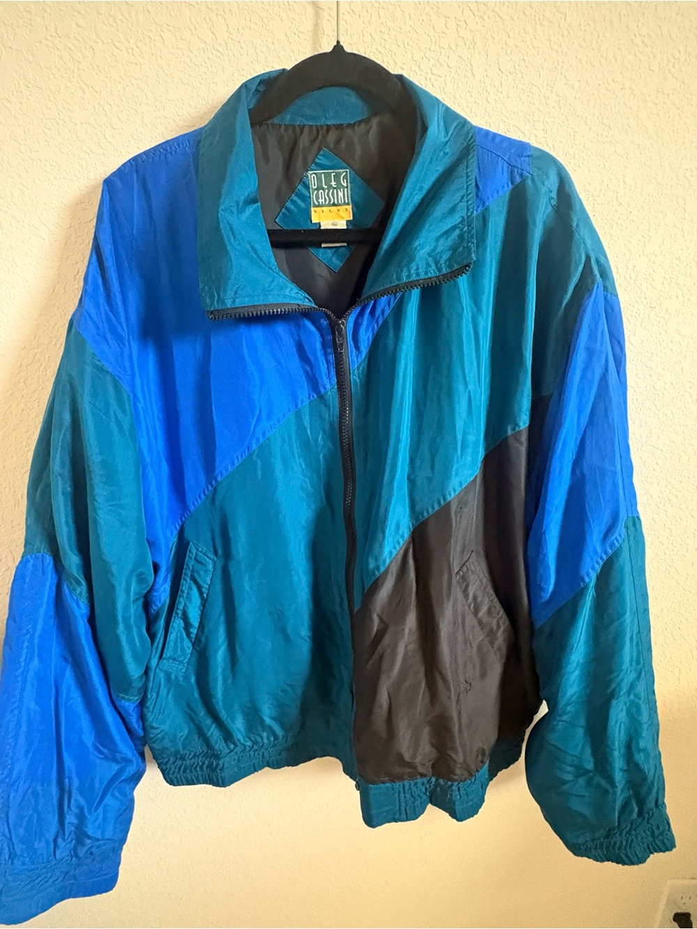 Vintage 90s Oleg Cassini 100% Teal Blue Black Silk Colorblock Jacket Men’s XL